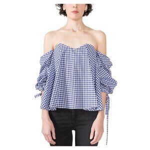 Caroline Constas Navy and White Gingham Off-Shoulder Top